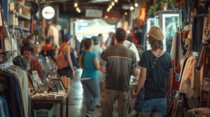 People enjoying National Thrift Shop Day on August 17th, visiting thrift stores and supporting sustainable fashion through second-hand shopping