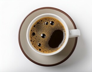 Tasty coffee in cup isolated on white, top view 