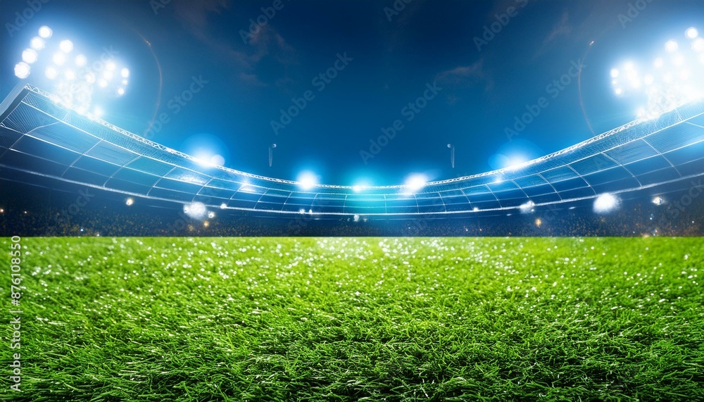 Canvas Prints universal grass stadium illuminated by spotlights and empty green grass playground, grand sport building