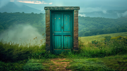 An open door stands in a green landscape