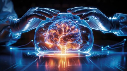 Scientist examining a glowing brain in a jar, representing artificial intelligence, innovation, and futuristic technology.
