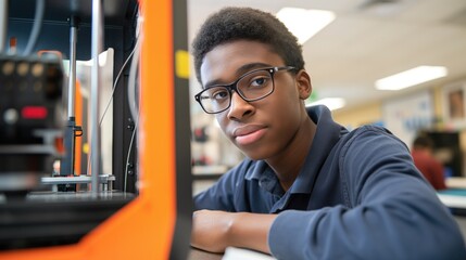 student using a 3D printer in a lab, illustrating the integration of technology and education in modern classrooms