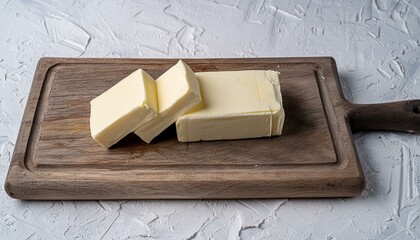 Wooden board with cut block of butter on white background 