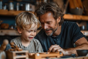 A father and his young child share a bonding moment, playing with wooden toys in a cozy and rustic home setting, radiating warmth, love, and family togetherness.