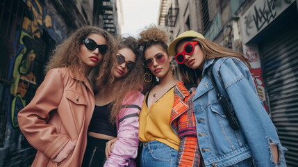 Naklejka premium Four fashionable friends pose in an urban alleyway, showcasing their trendy street style. They wear sunglasses, denim jackets, and bright colors