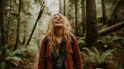 Woman laughing and walking through a forest. Natural joy and engagement with nature are the focal points of this scene