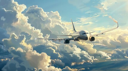 Passenger airplane flying through the sky with dramatic clouds in the background