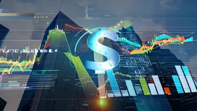Blue vector illustration of a financial chart with dollar symbols, representing global business communication in the digital world
