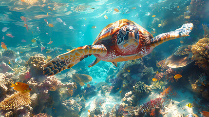 Obraz premium Diver Explores Turquoise Coral Reef Paradise