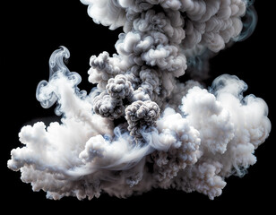 Dense white smoke clouds swirl and billow dramatically against a black backdrop. Perfect for abstract designs, atmospheric backgrounds, or conceptual imagery representing change and transformation.