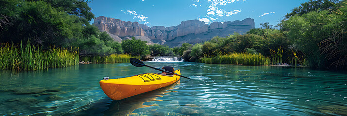 Turquoise Tranquility: Kayaker Amidst Lush Canyon