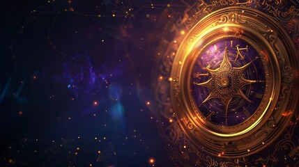 Vintage astrolabe with celestial background and cosmic elements