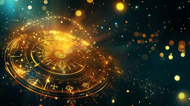 Vintage astrolabe with celestial background and cosmic elements