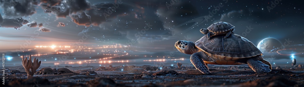 Wall mural a turtle is walking on a rocky surface with a bright light in the background