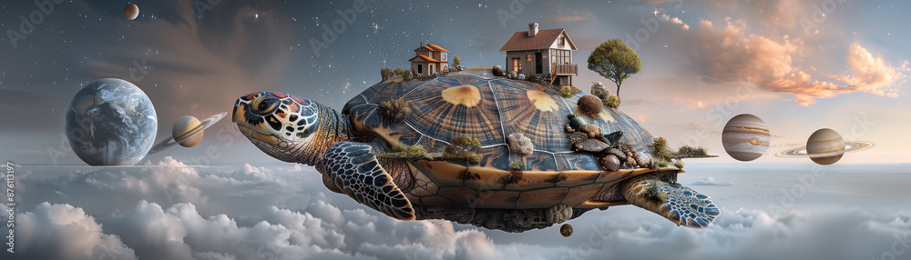 Wall mural a turtle is flying through the sky with a house and a planet in the background