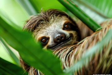 Fototapeta premium A sloth is an arboreal mammal native to Central and South America. It is known for its slow metabolism and its habit of hanging upside down from trees.