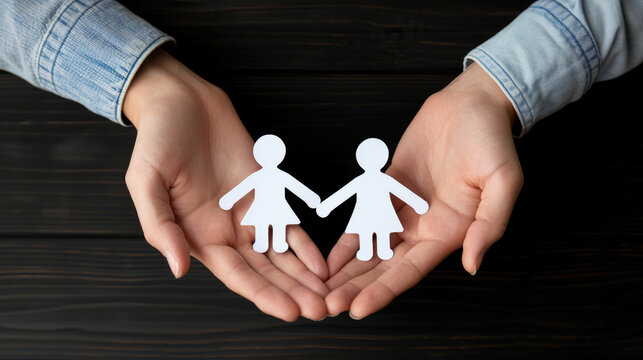 A pair of paper dolls held in the palm of a person's hand.