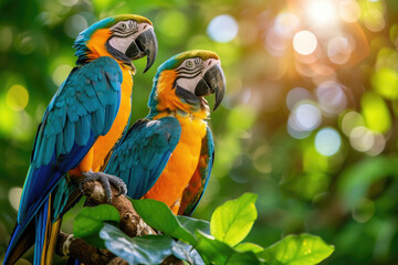 Two colorful parrots are sitting on a branch in a tropical rainforest. The sun is shining through the trees.