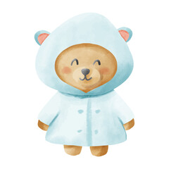 Cute cartoon bear in a blue raincoat on a white background