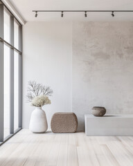 Empty room interiors in a minimalist property with neutral colors and plain lighting. Residential Real Estate composition with minimal furniture.