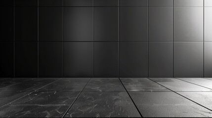A minimalist interior scene features a sleek black tiled wall, dark gray floor, and an empty space, creating a modern and sophisticated atmosphere.