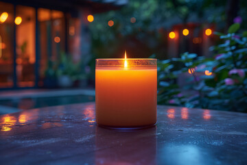 Lit Candle on a Table in a Cozy Outdoor Setting. A single lit candle placed on a wooden table in a cozy outdoor setting, surrounded by plants and soft evening lights.