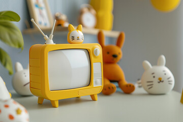 Cute plastic mini television yellow kawaii tv set monitor blank template screen pastel teen playful...