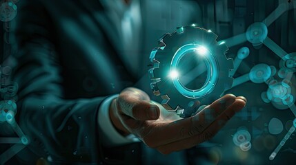 Virtual gear icon held by businessman, concept of robotic process automation