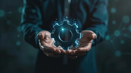 Virtual gear icon held by businessman, concept of robotic process automation