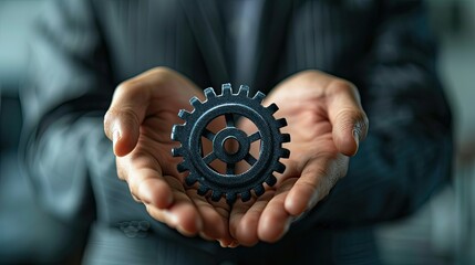 Virtual gear icon held by businessman, improving productivity and efficiency