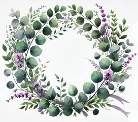 Floral Wreath with Eucalyptus Leaves and Lavender Blooms