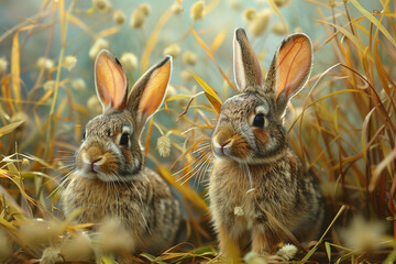 Fototapeta premium Rabbits hopping through tall grass