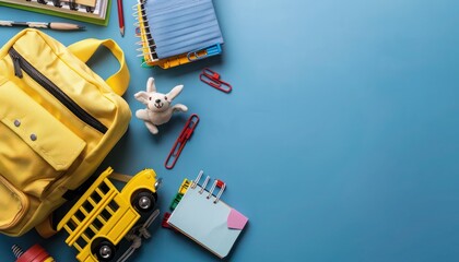School gear on a blue canvas, featuring a yellow backpack and bus toy in a flat layout, space for text,