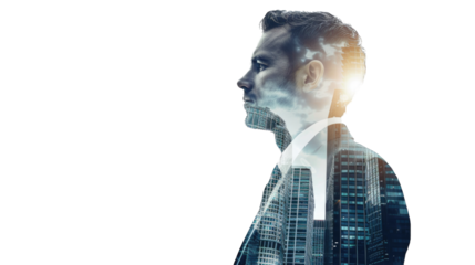 Double exposure of portrait office business workers and building architecture cityscape. creation city concept. Transparent background or PNG file.