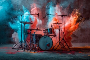 Obraz premium A set of drums with colorful powder explosions occurring simultaneously on each drum head, creating a stunning visual effect. AI Generative.