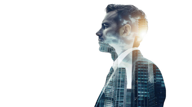 Double exposure of portrait office business workers and building architecture cityscape. creation city concept. Transparent background or PNG file.