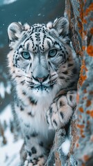 Obraz premium 4K close-up shot of a snow leopard blending into the rocky terrain of the Himalayas.