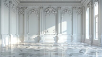 Obraz premium A 3D render of an empty room with classic white interior, featuring elegant decor and ample natural light. Ideal for themes of architecture, design, and space. AI Generative.