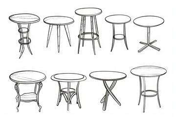 Tables sketched set, different line drawing desks, square and round tables, furniture doodles
