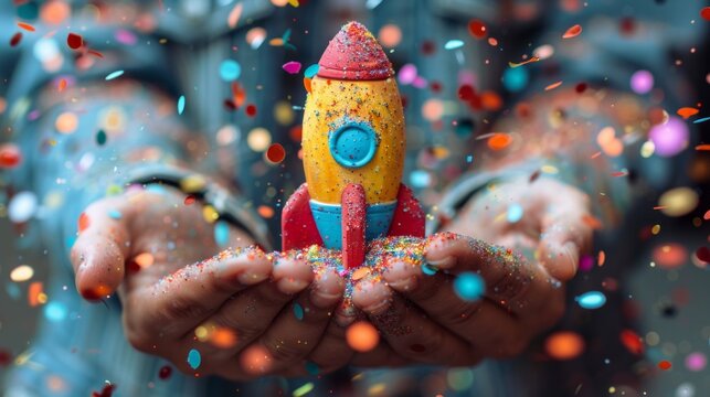 A vibrant close-up of a team celebrating a new rocket launch with confetti, highlighting joy and success, captured with AI Generative.
