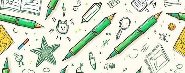 Funny school doodles in a hand-drawn pattern with green markers, vector design,