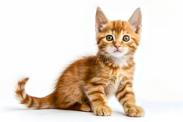 Obraz premium charming red kitten scottish straight sitting with raised paw isolated on white background