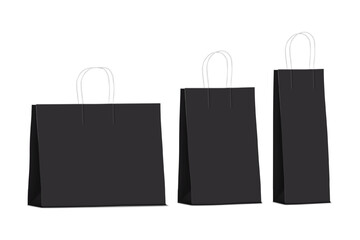 Black paper gift bag with twisted rope handles isolated on white background. Realistic vector mockup set. Blank gusseted package template. Mock-up for design