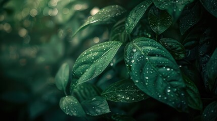 Fototapeta premium A close-up view of a dense jungle, vibrant green foliage, large leaves with dewdrops, intertwining vines