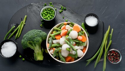 mixed frozen various vegetables surface top view background