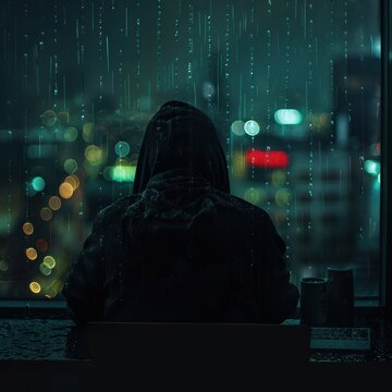 A hooded man seen from behind, typing on a laptop in a dark room, rainy night outside the window, suggesting cyber theft