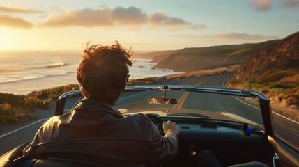 Fototapeta premium A man seen from behind, driving a convertible car on a scenic coastal road