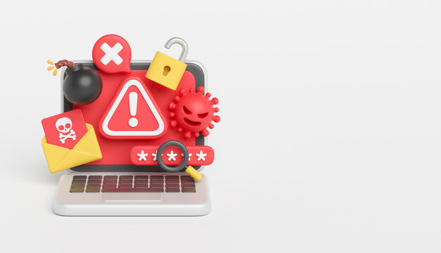 Cyber criminal Hacker attack stealing phishing personal user data notification security warning alert detected sign caution error attention exclamation mark virus malware scam anonymous. 3d rendering.