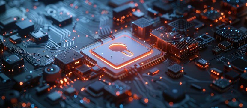 A visually captivating depiction of cybersecurity with a glowing lock and futuristic technology elements. AIG62