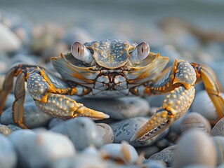4K image of a crab hidden among beach pebbles.